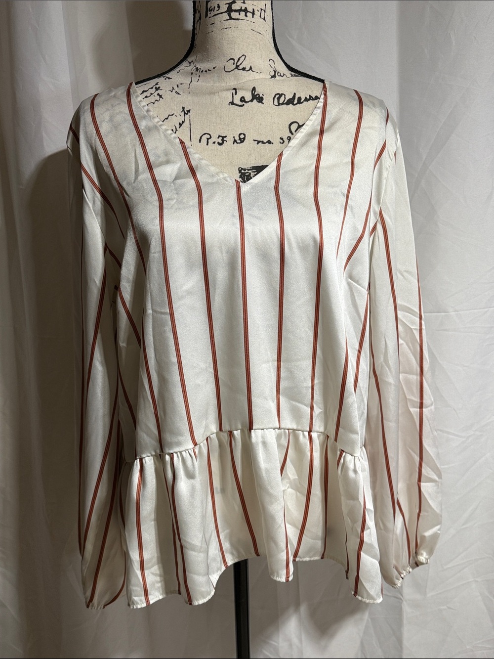 Nine West Striped V-Neck Peplum Blouse - White with Rust Stripes